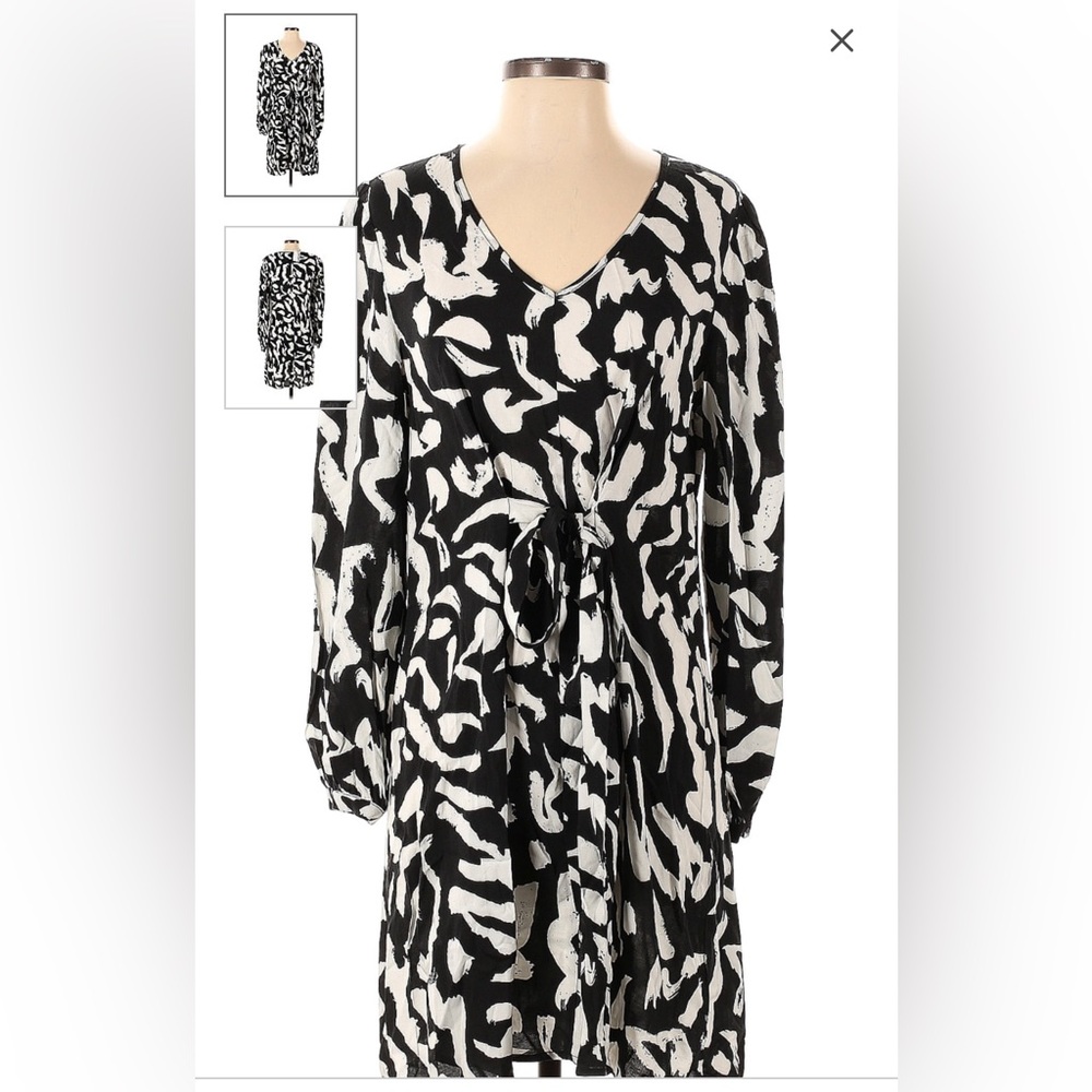 Nine West casual v-neck mini dress, long sleeve, black and white pattern, small - Picture 2 of 4